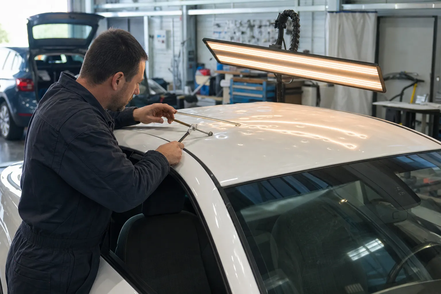 Débosselage sans peinture sur le toit grêlé d'une voiture blanche, sous une lampe à réglettes