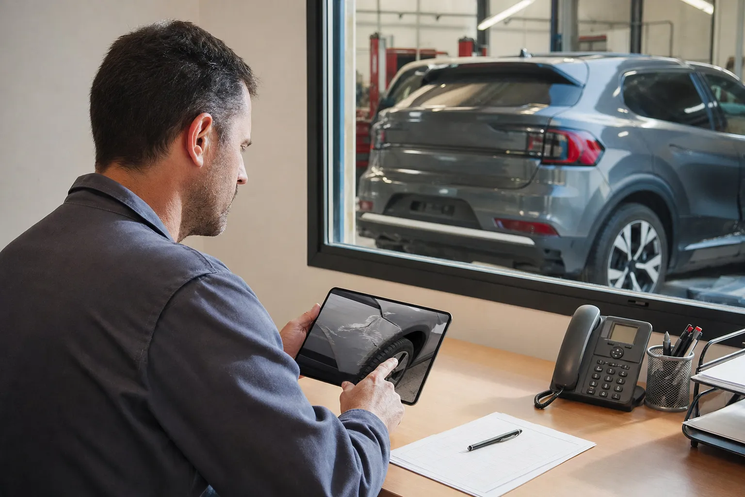 Étude sur tablette des photos de dégâts d'une voiture pour établir un devis, véhicule visible derrière la vitre
